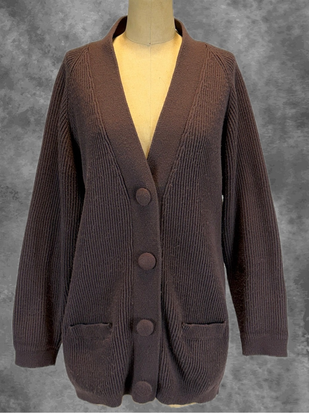 VINTAGE 80s chunky heavy knit sweater‎ cardigan large button front v neck brown
